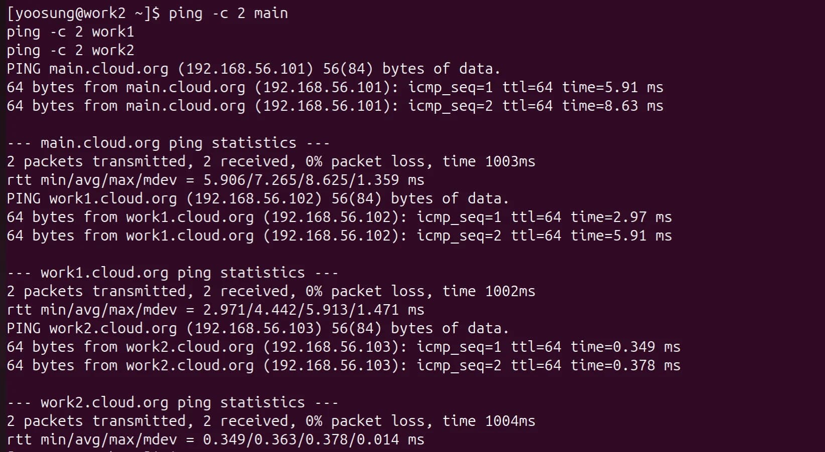 work2에서 hostname ping
