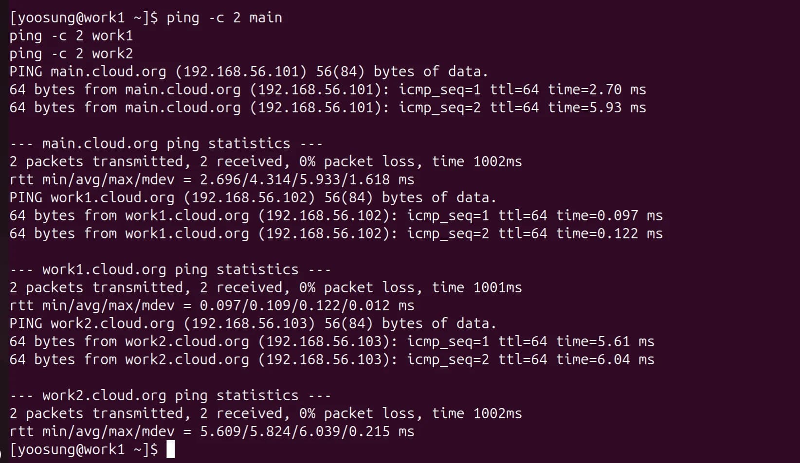 work1에서 hostname ping