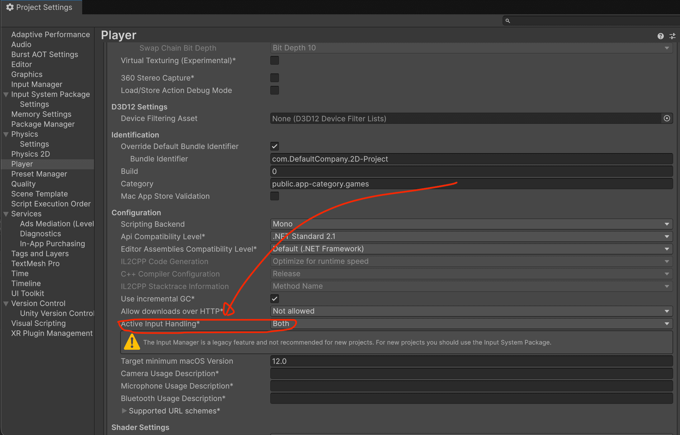 Active Input Handling 설정 화면